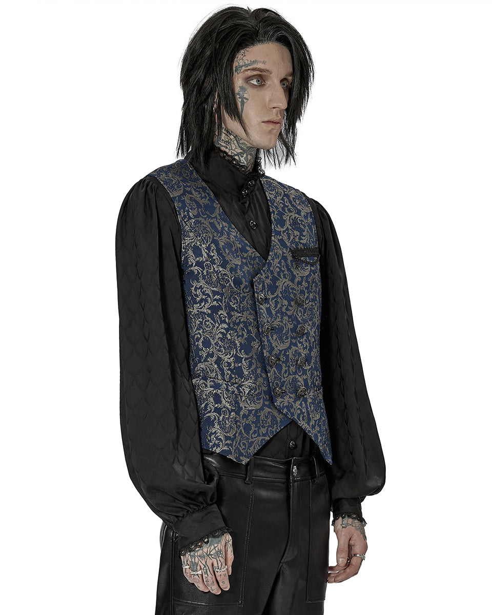 WY-1436 Mens Dark Gothic Aristocrat Chained Waistcoat Vest - Blue Jacquard