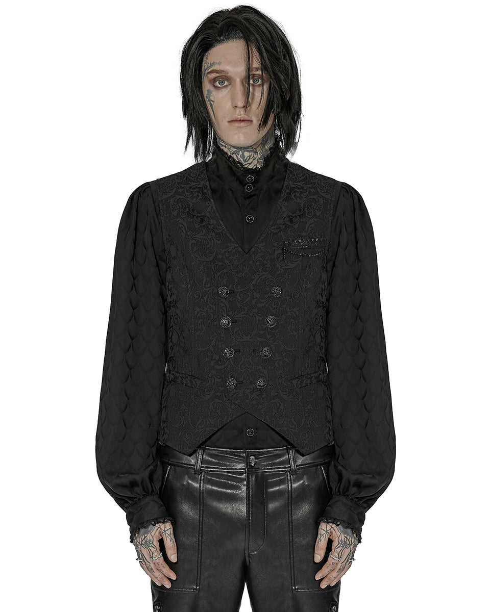 WY-1436 Mens Dark Gothic Aristocrat Chained Waistcoat Vest - Black Jacquard