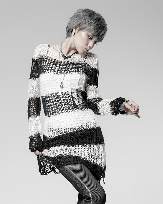 PM-004 Shredded Knit Sweater - Black & White