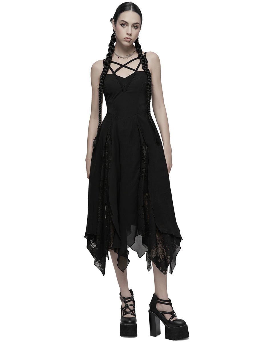 OPQ-1212 Daily Life Casual Gothic Lace Hem Pentagram Dress