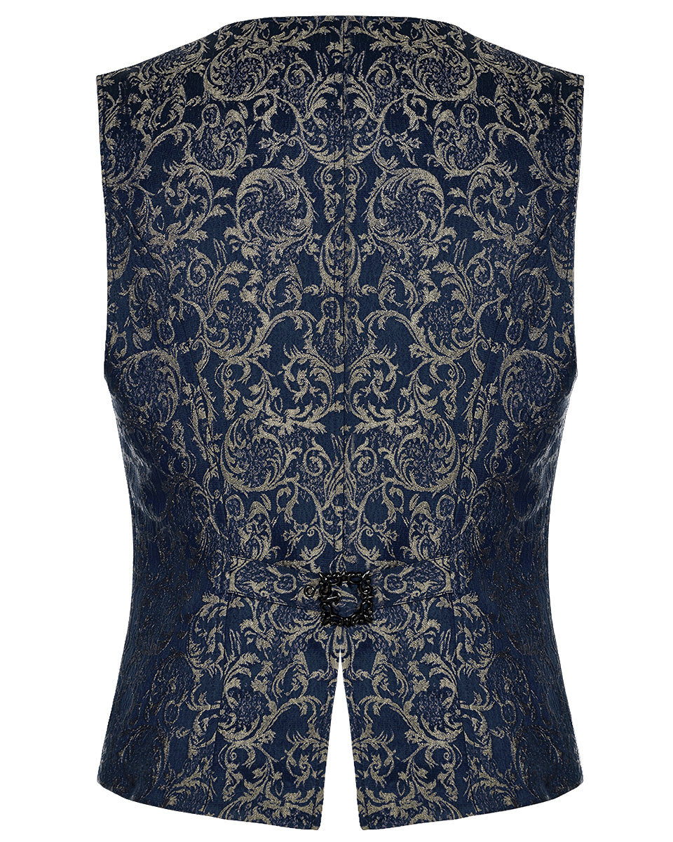 WY-1436 Mens Dark Gothic Aristocrat Chained Waistcoat Vest - Blue Jacquard