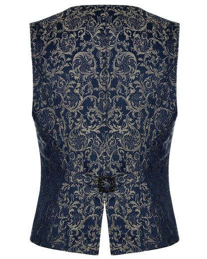 WY-1436 Mens Dark Gothic Aristocrat Chained Waistcoat Vest - Blue Jacquard