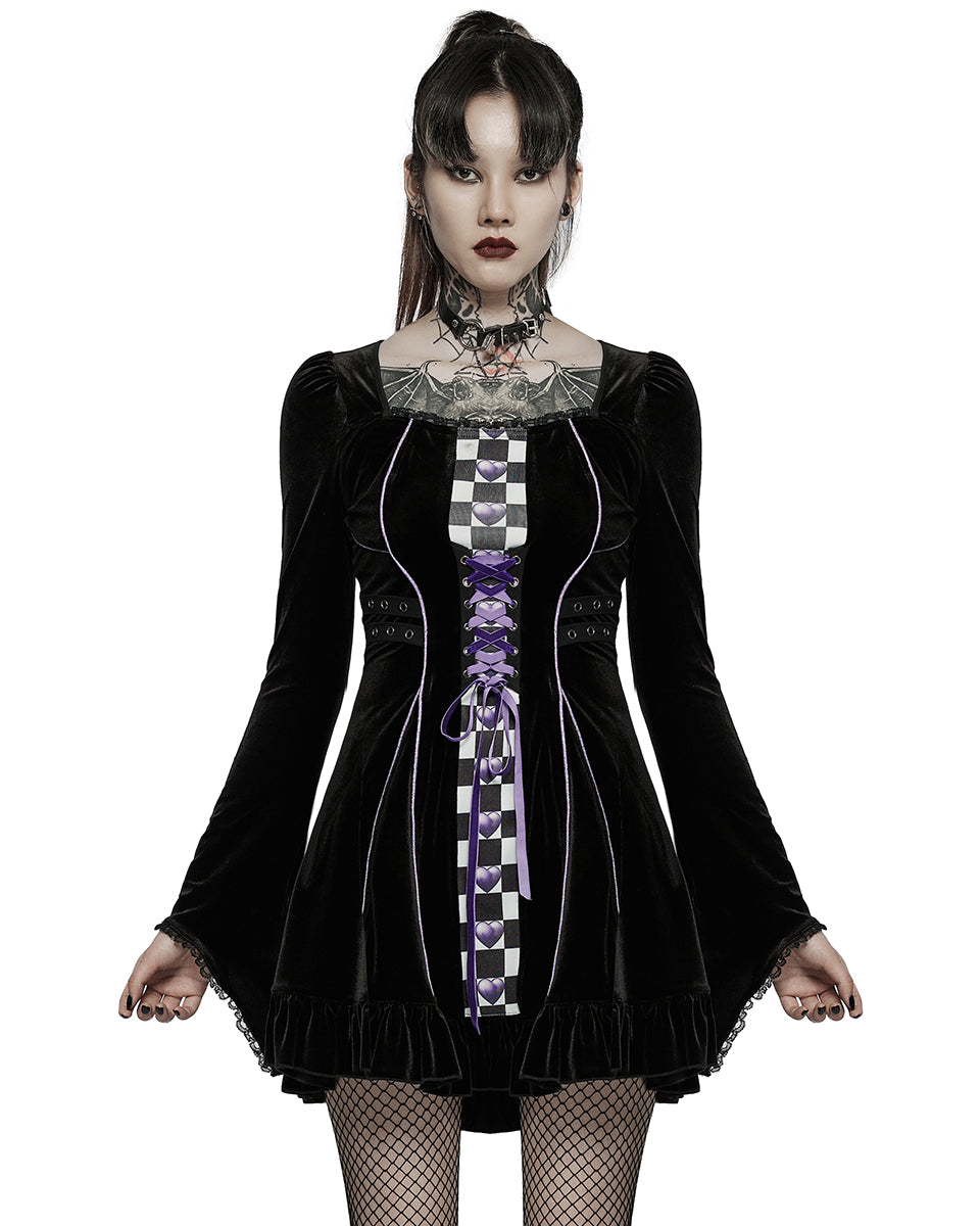 WLQ-102 Pyon Pyon Womens Gothic Harlequin Velvet Dress - Black & Purple