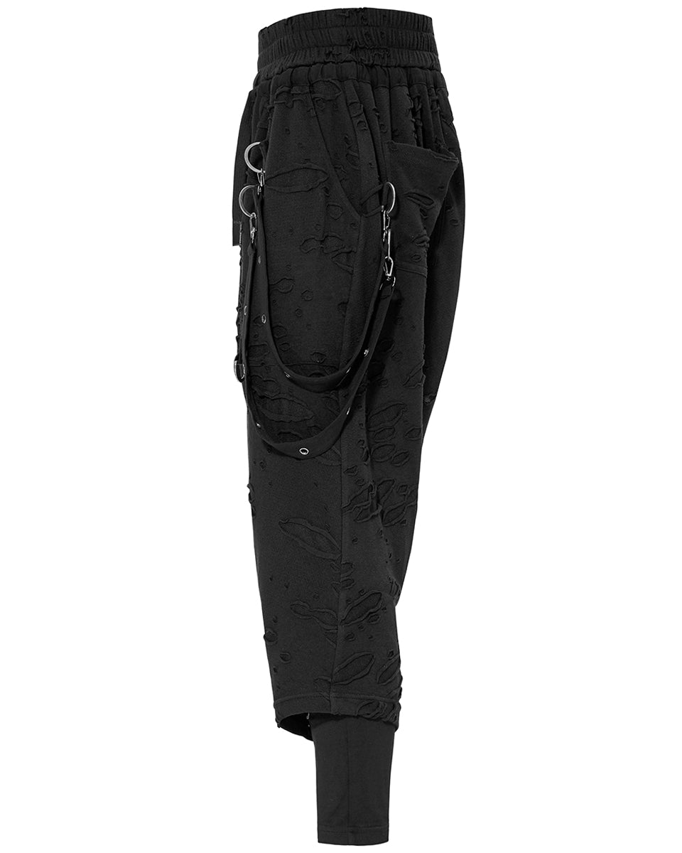 WK-525 Mens Apocalyptic Punk Broken Knit Drop Crotch Harem Pants