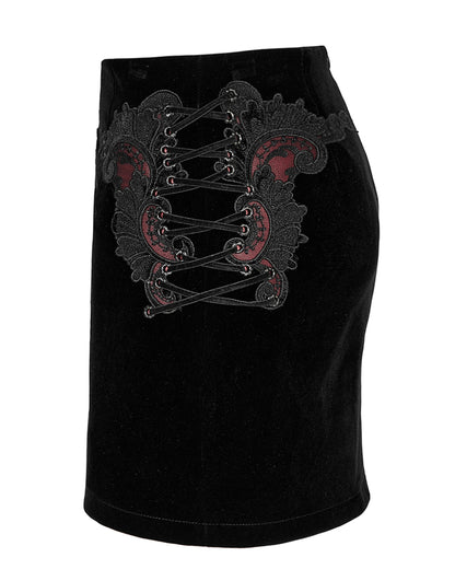 WQ-566 Womens Gothic Lace Applique Velvet Mini Skirt - Black & Red