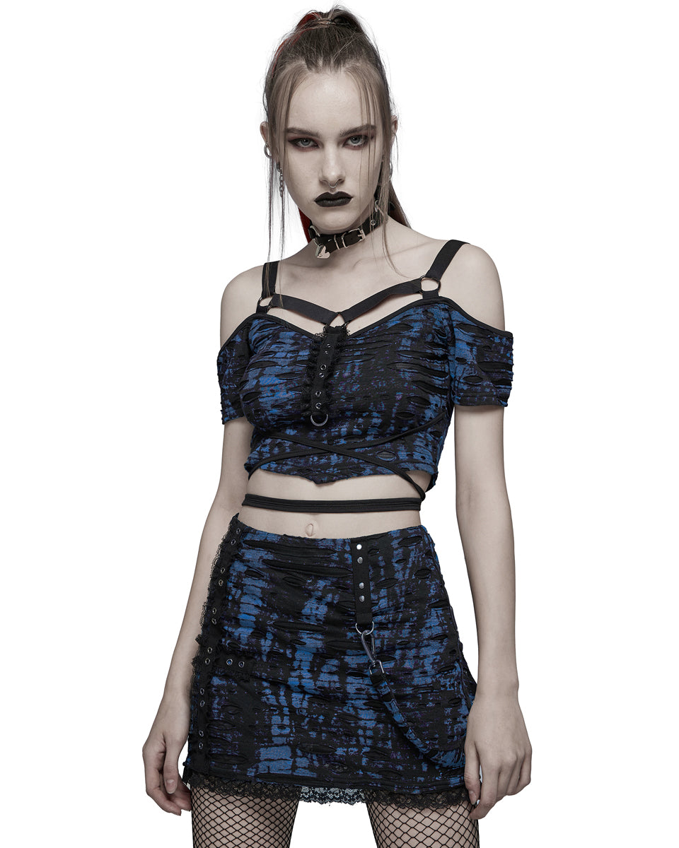 WT-707 Womens Broken Knit Shredded Mesh Strapping Top - Black & Blue ...