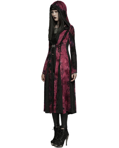 WY-1392 Womens Gothic Tie Dye Hooded Cloak Jacket - Black & Red