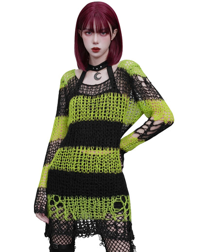 WM-072 Womens Shredded Broken Knit Sweater Top - Black & Green Stripe