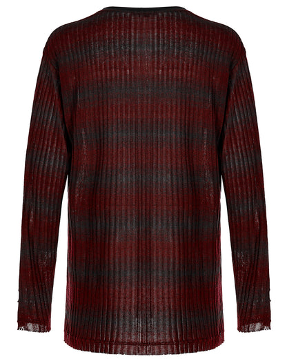 WT-735 Mens Dark Punk Striped Knit Sweater Top - Black & Red