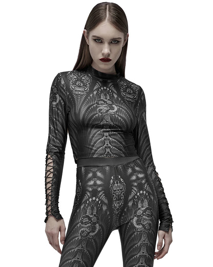 WT-699 Womens Serpentine Printed Mesh Cyberpunk Top - Black & Grey