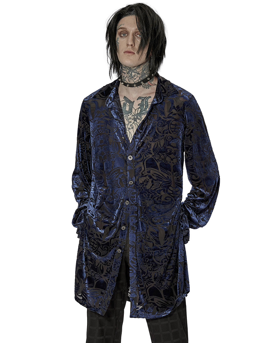 WY-1416 Mens Longline Baroque Gothic Velvet Flocked Shirt - Blue & Black