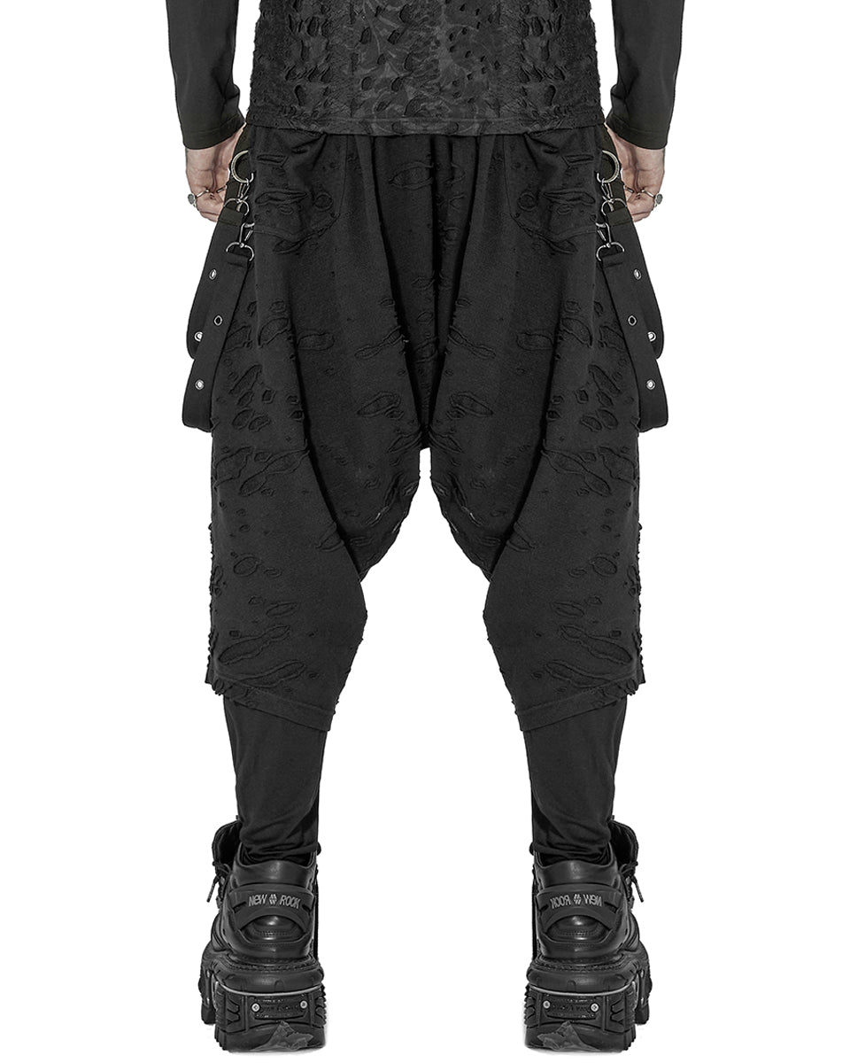 WK-525 Mens Apocalyptic Punk Broken Knit Drop Crotch Harem Pants