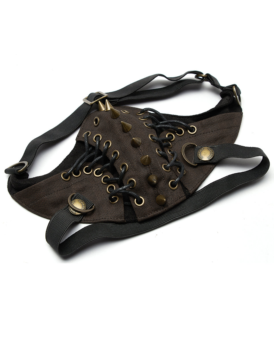 S-182-BN Steampunk Studded Face Cover Mask - Black & Brown