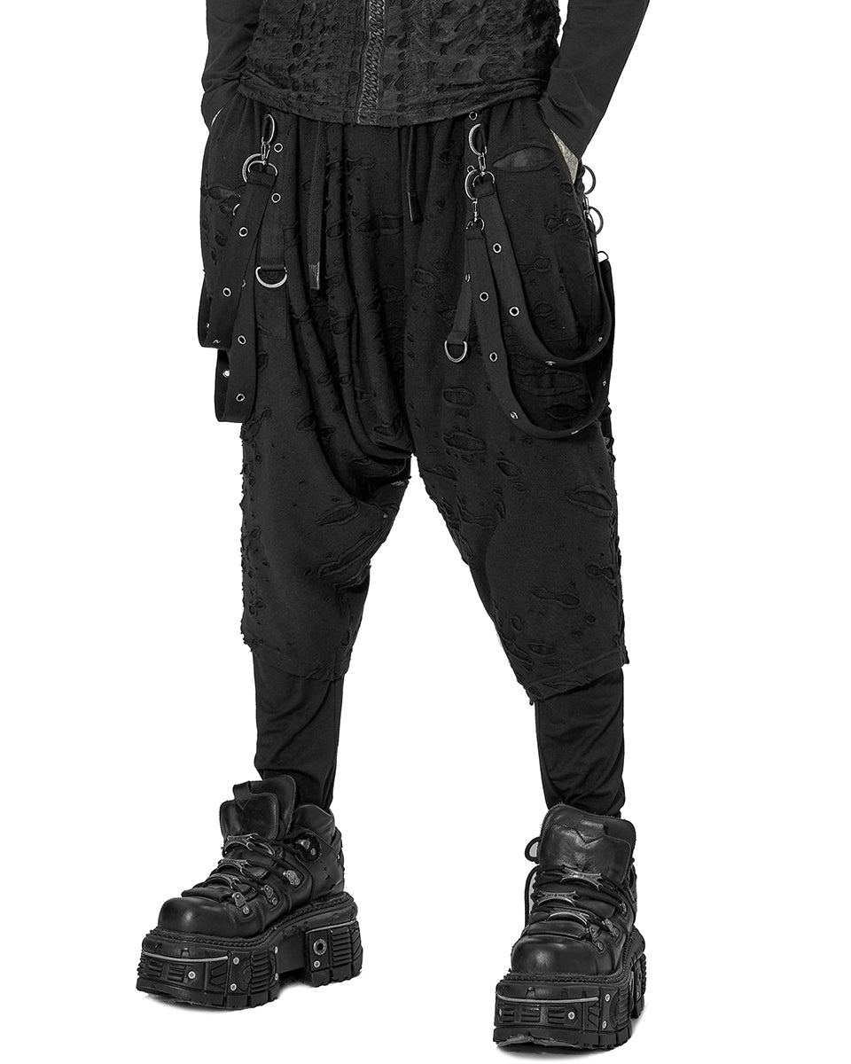 WK-525 Mens Apocalyptic Punk Broken Knit Drop Crotch Harem Pants