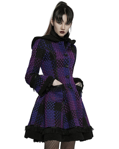 WLY-102 Pyon Pyon Womens Gothic Lolita Hooded Coat - Black & Purple Check