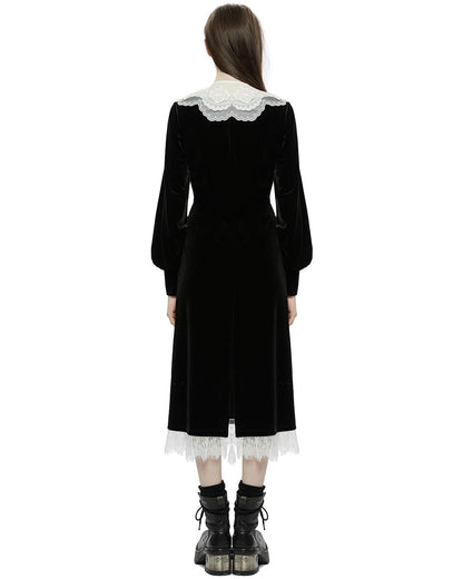 OPQ-1320 Daily Life RetroGothic Velvet Midi Dress & Lace Collar - Black & White