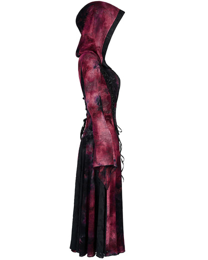 WY-1392 Womens Gothic Tie Dye Hooded Cloak Jacket - Black & Red