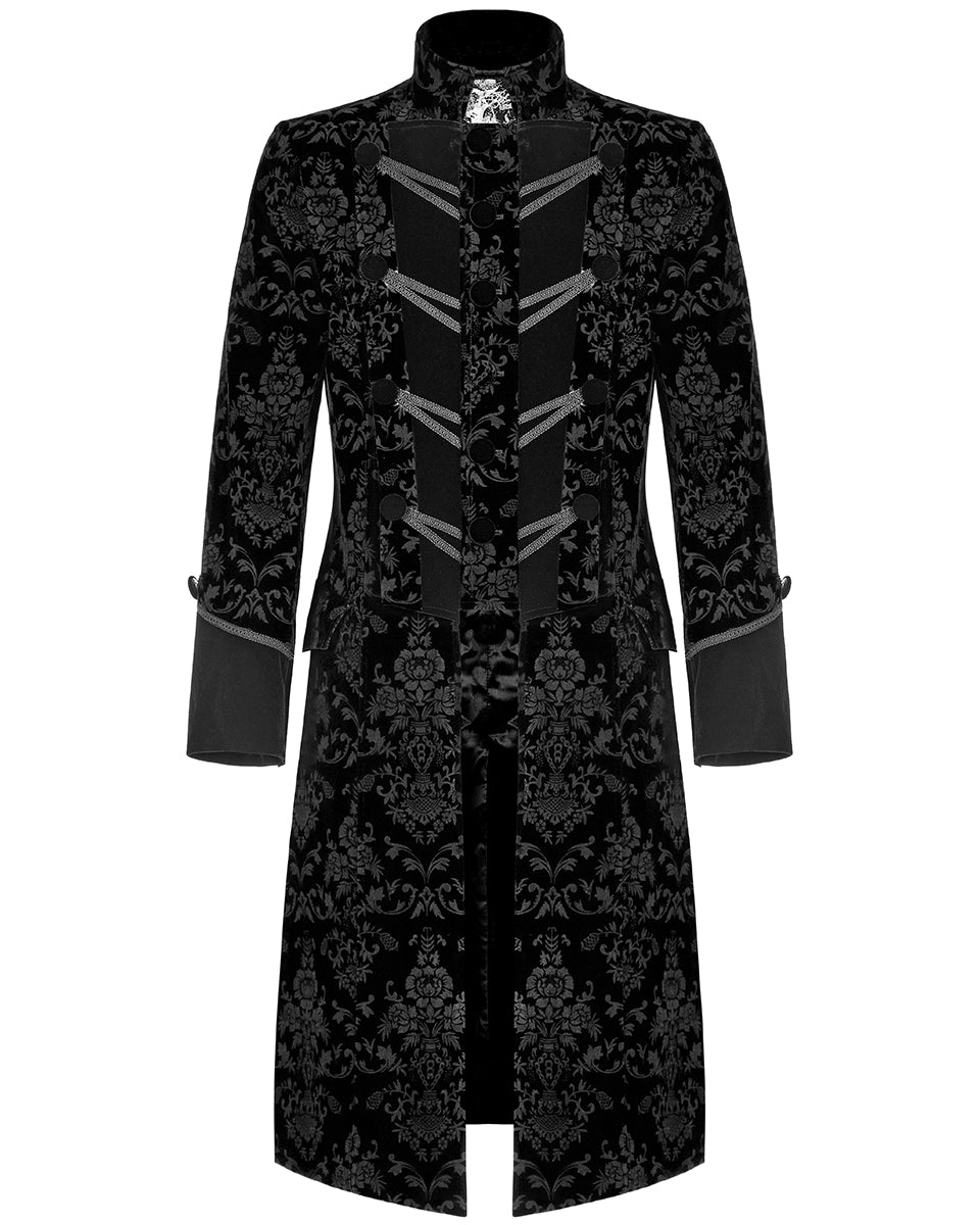 WY-1429 Mens Dark Gothic Aristocrat Coat - Black Damask Velvet