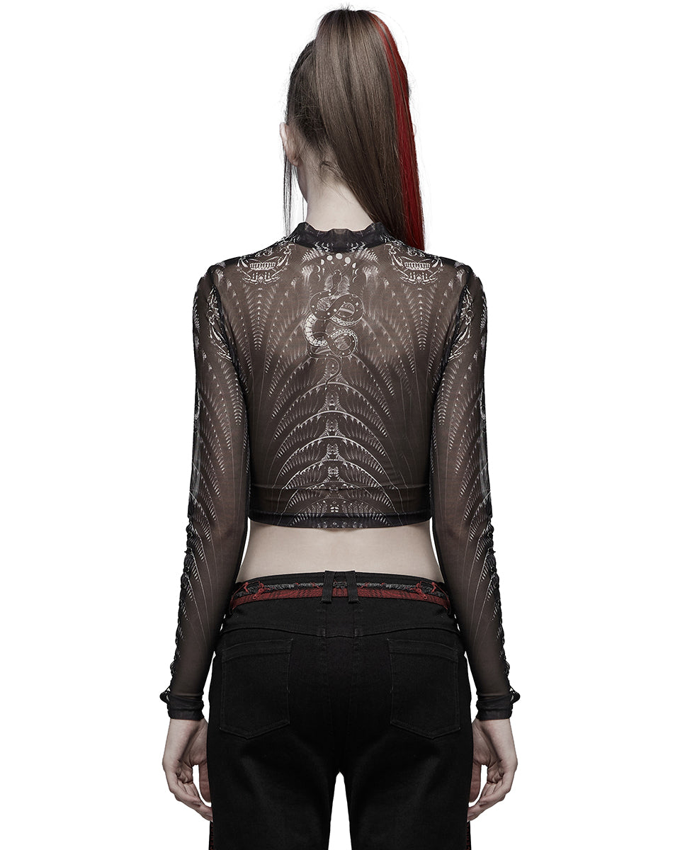 WT-699 Womens Serpentine Printed Mesh Cyberpunk Top - Black & White