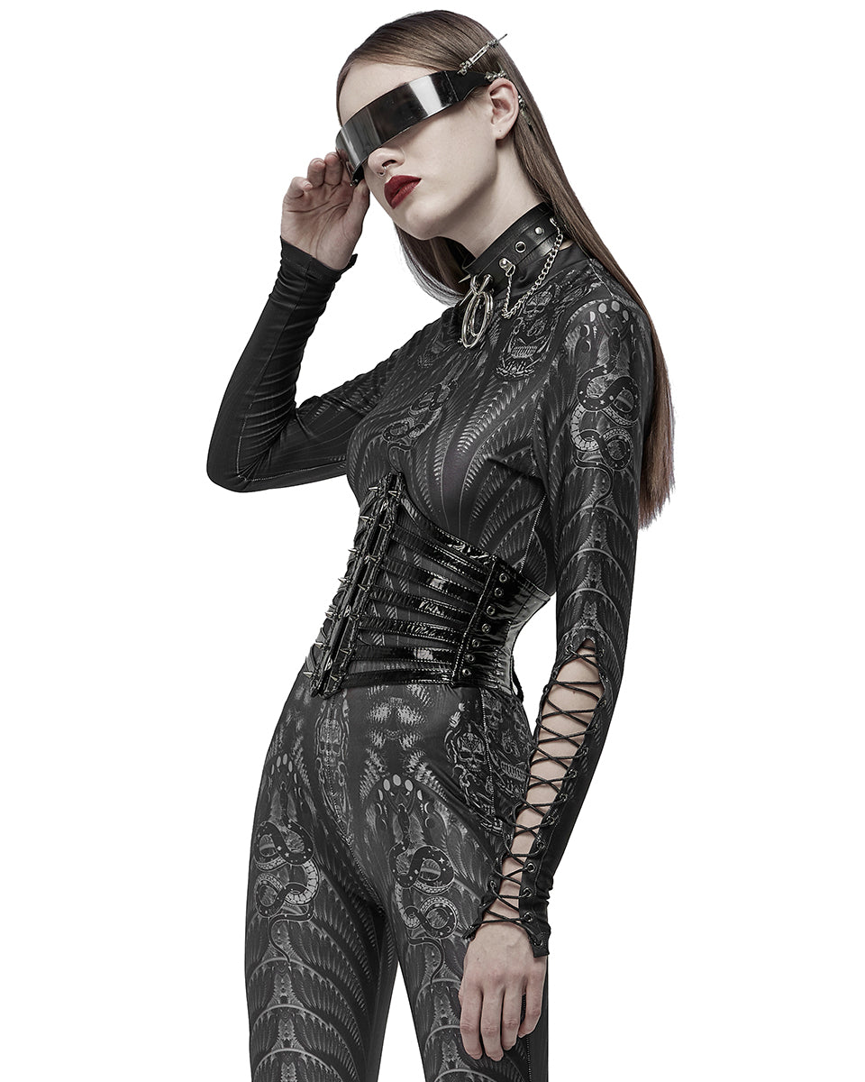 WT-699 Womens Serpentine Printed Mesh Cyberpunk Top - Black & Grey