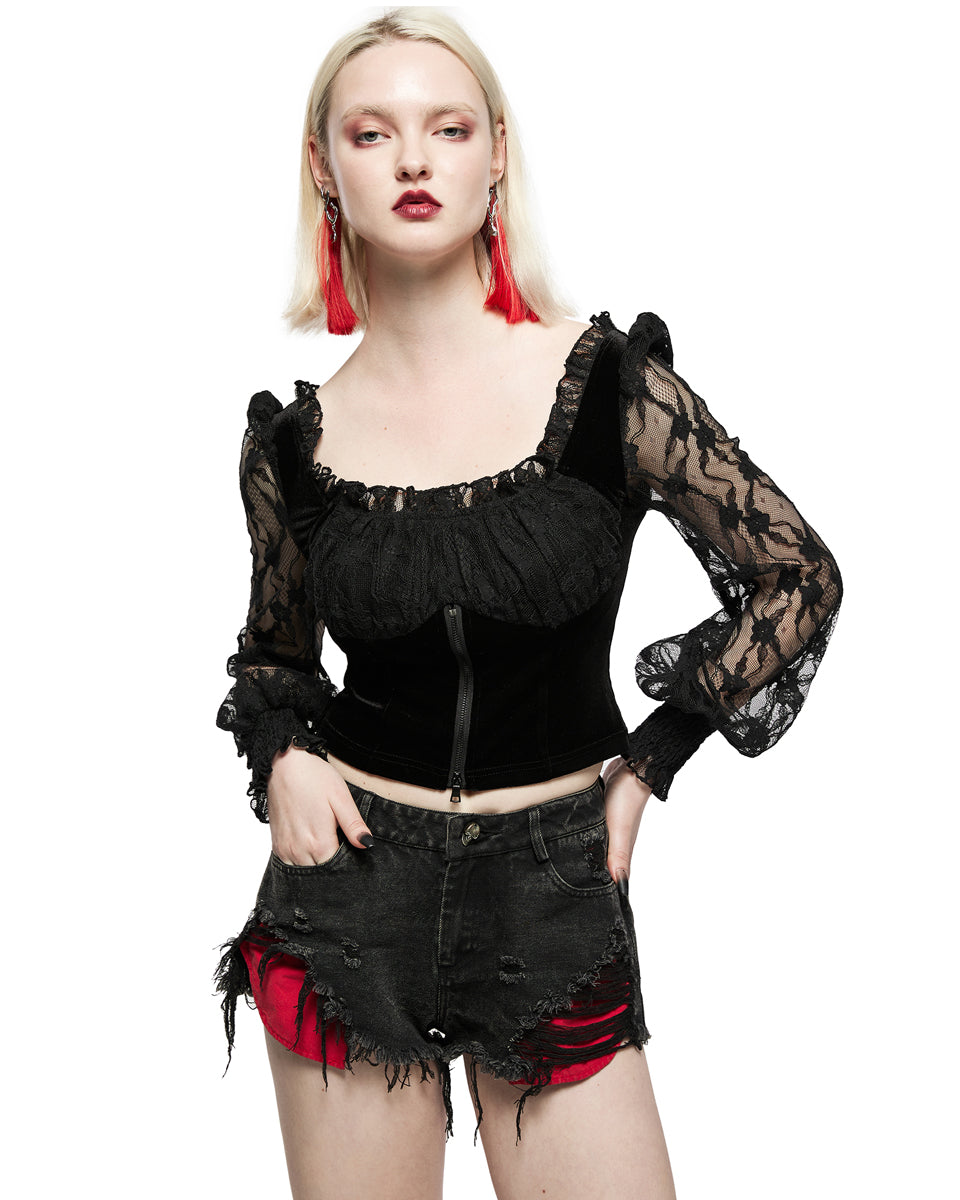 OPT-752 Daily Life Casual Gothic Flocked Velvet Rose Lace Blouse Top Dqf