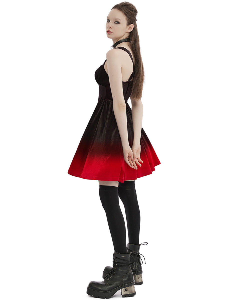 OPQ-1339 Daily Life Dark Knight Gothic Gradient Velvet Slip Dress - Black & Red