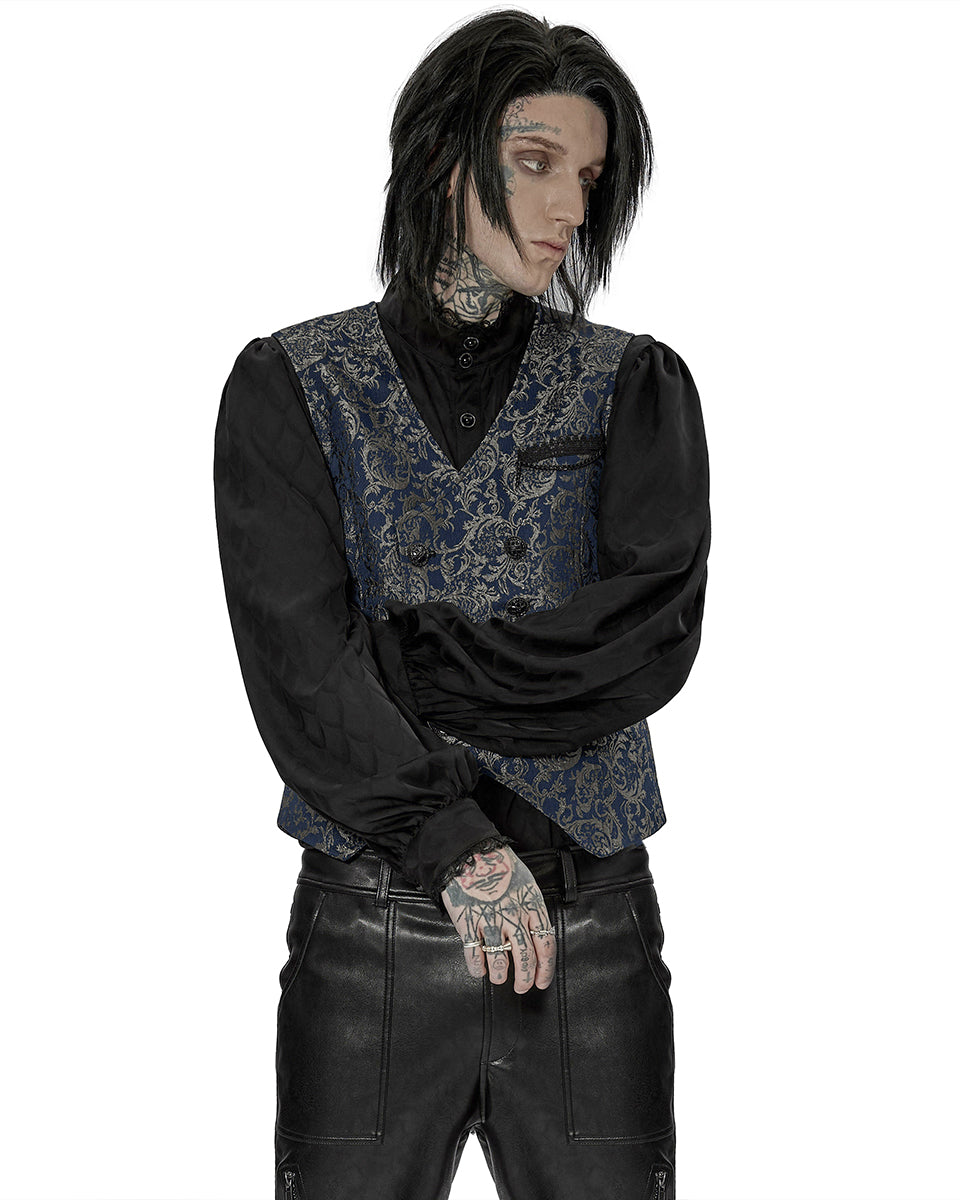 WY-1436 Mens Dark Gothic Aristocrat Chained Waistcoat Vest - Blue Jacquard