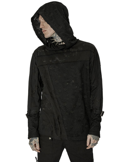 WT-738 Mens Apocalyptic Gothic Spliced Broken Knit Hooded Top