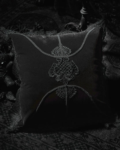 JZ-002 Gothic Home Lace Applique Filled Cushion - Black Velvet