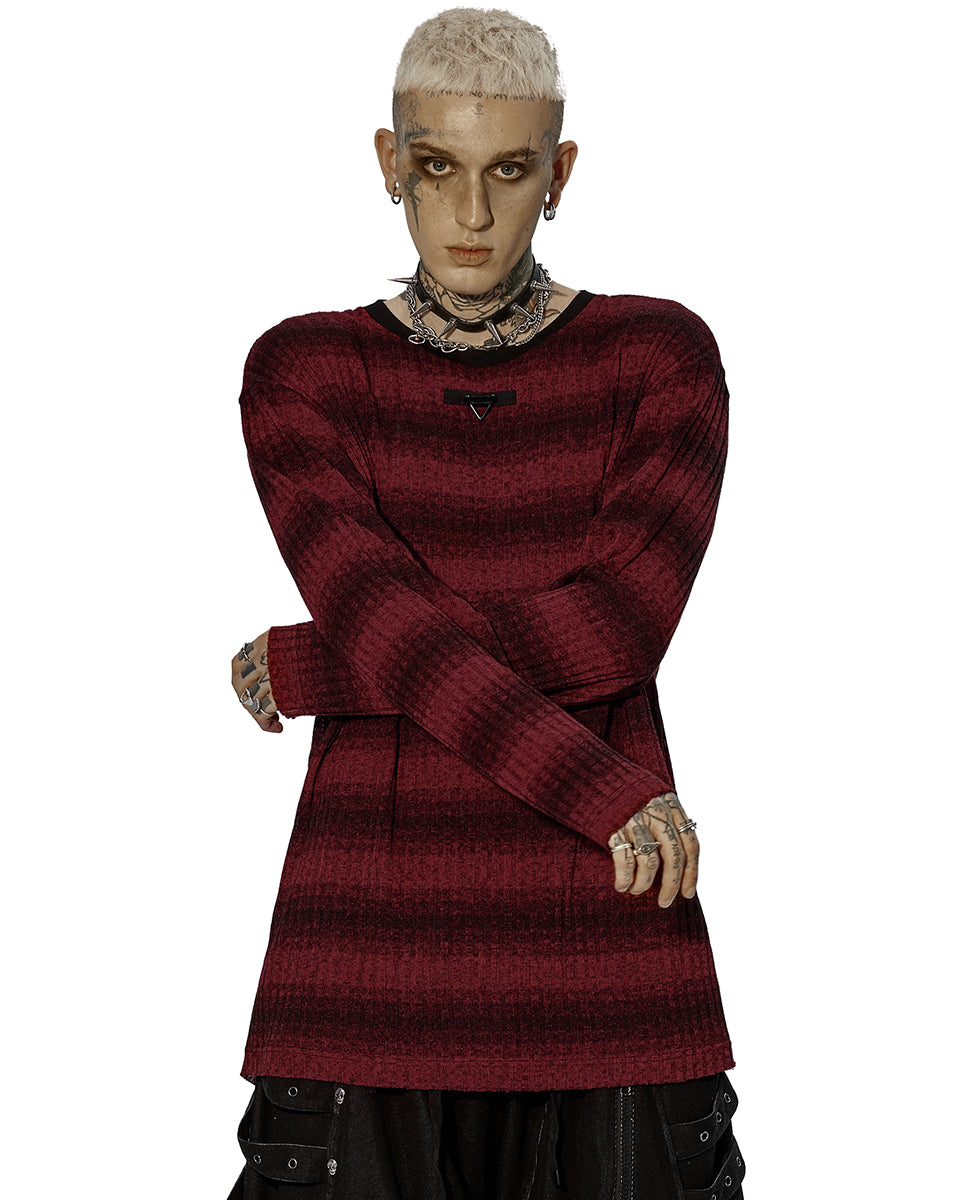 WT-735 Mens Dark Punk Striped Knit Sweater Top - Black & Red