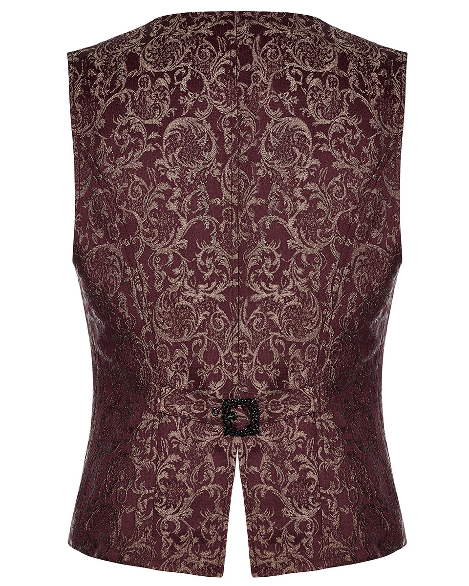 WY-1436 Mens Dark Gothic Aristocrat Chained Waistcoat Vest - Red Jacquard