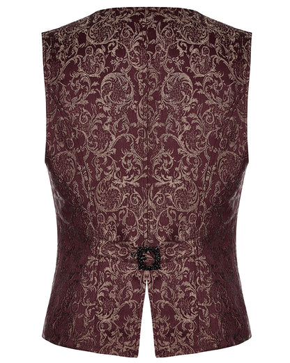 WY-1436 Mens Dark Gothic Aristocrat Chained Waistcoat Vest - Red Jacquard