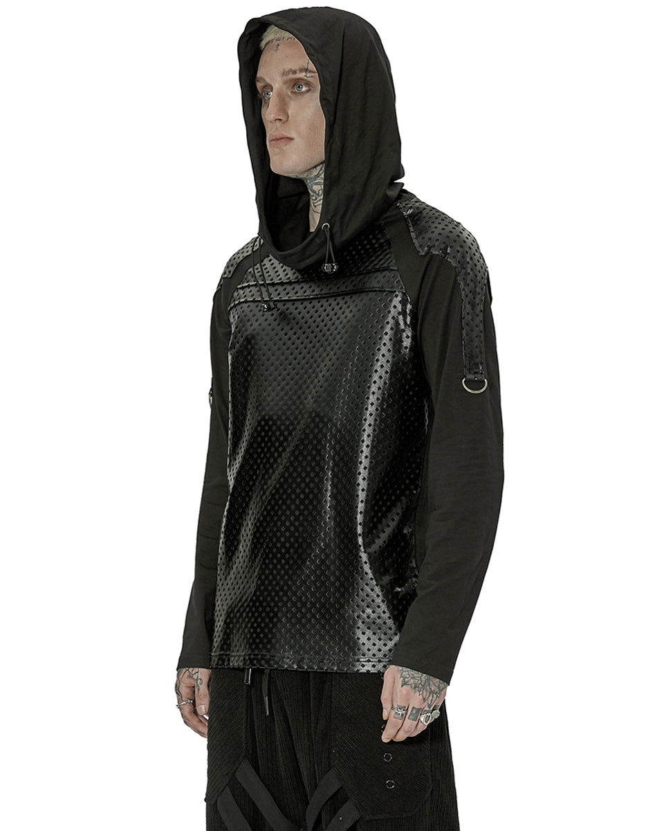 WT-736 Mens Cyberpunk Hooded PU Panelling Top