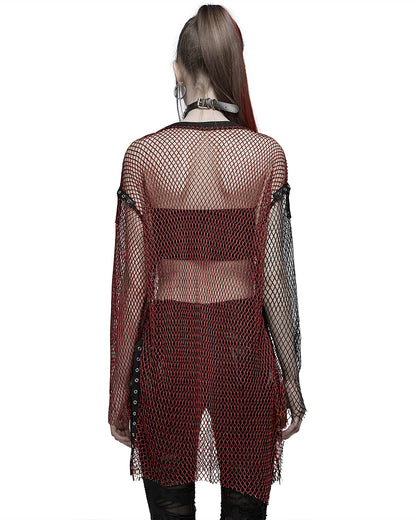 WT-698 Womens Daily Punk Splicing Fishnet Top - Red & Black