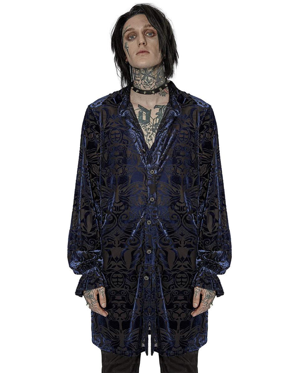 WY-1416 Mens Longline Baroque Gothic Velvet Flocked Shirt - Blue & Black