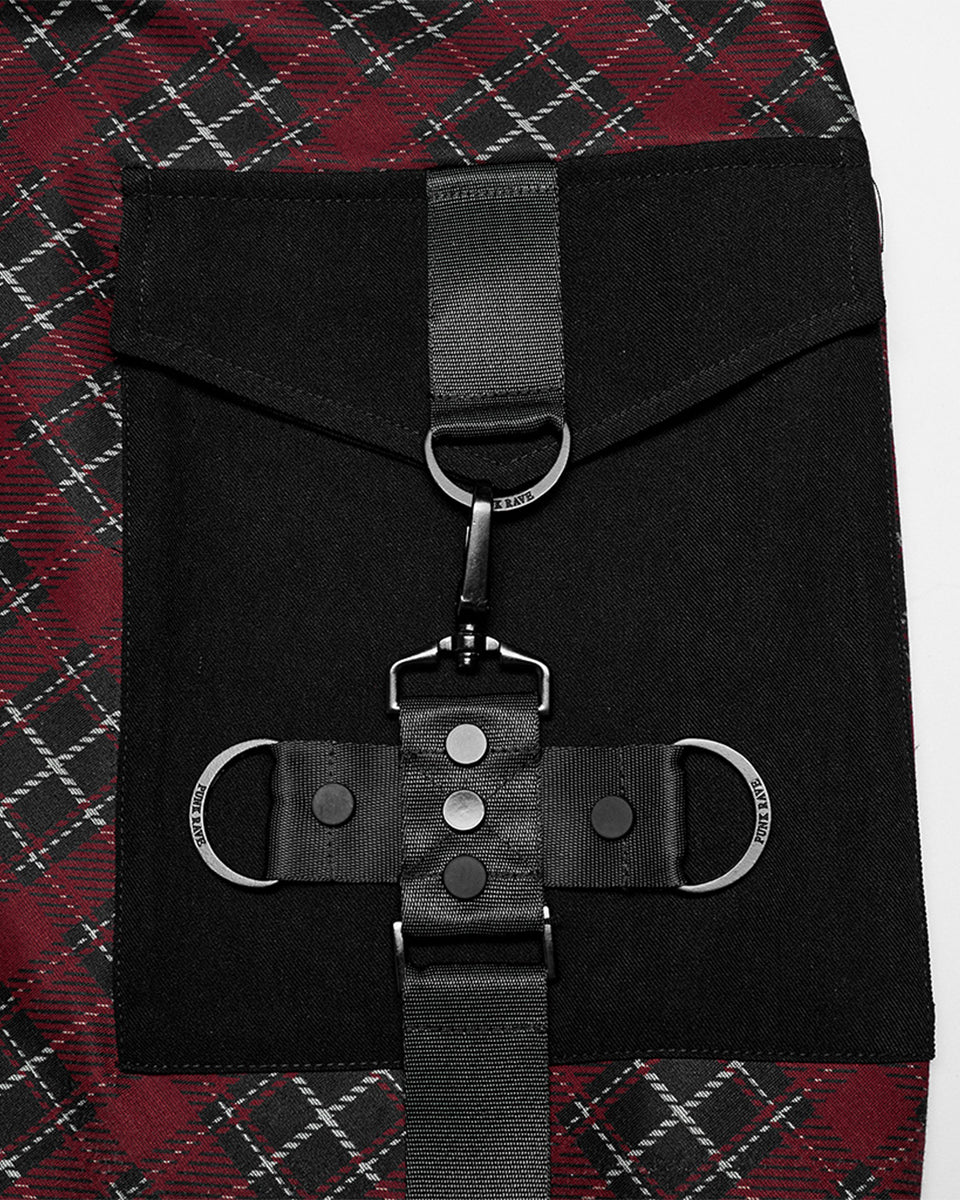 OPQ1339 Daily Life Gothic Techwear Cargo Midi Skirt - Black & Red Plaid