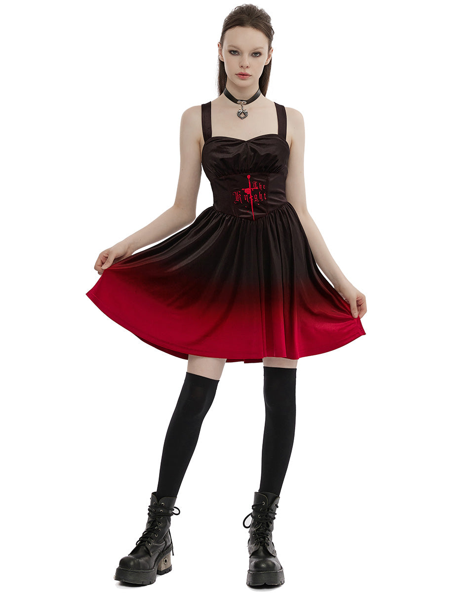 OPQ-1339 Daily Life Dark Knight Gothic Gradient Velvet Slip Dress - Black & Red