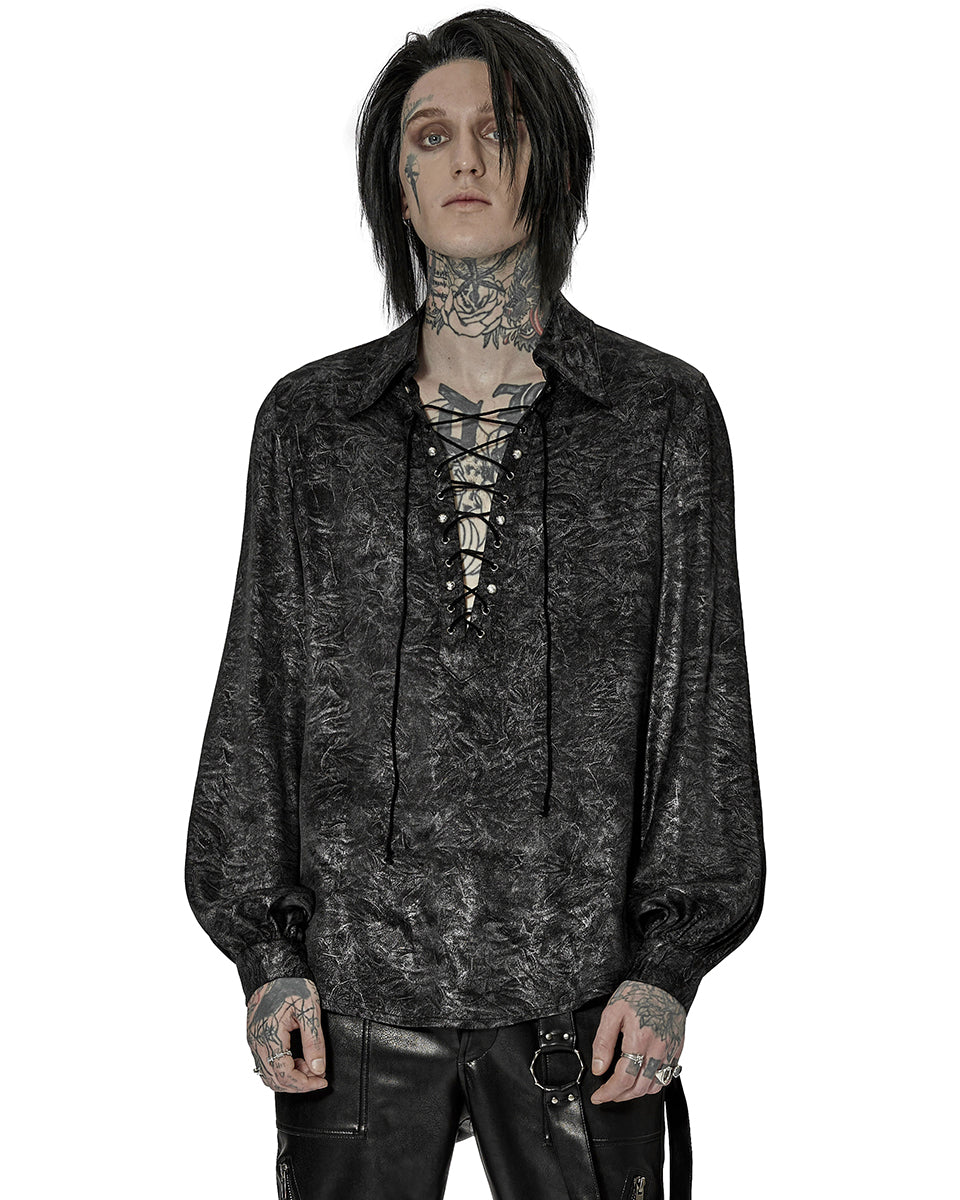 WY-1432 Mens Gothic Studded Lace Up Pirate Shirt - Black & Silver