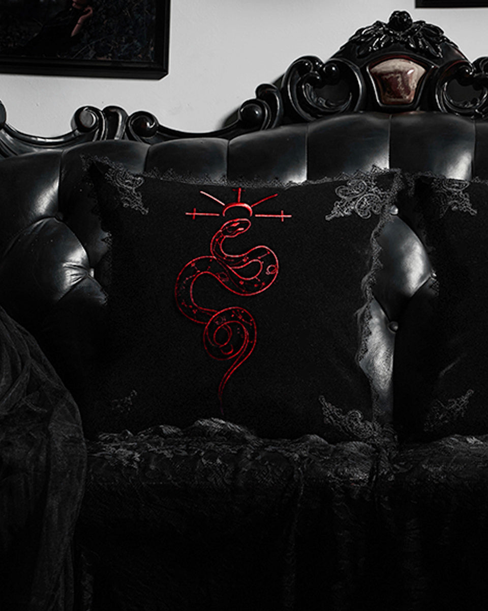JZ-004 Gothic Home Serpentine Embroidered Filled Cushion - Black & Red