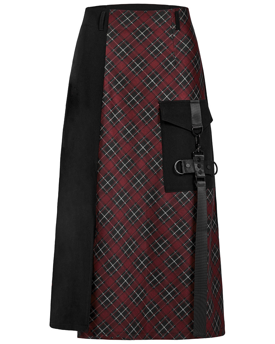 OPQ1339 Daily Life Gothic Techwear Cargo Midi Skirt - Black & Red Plaid