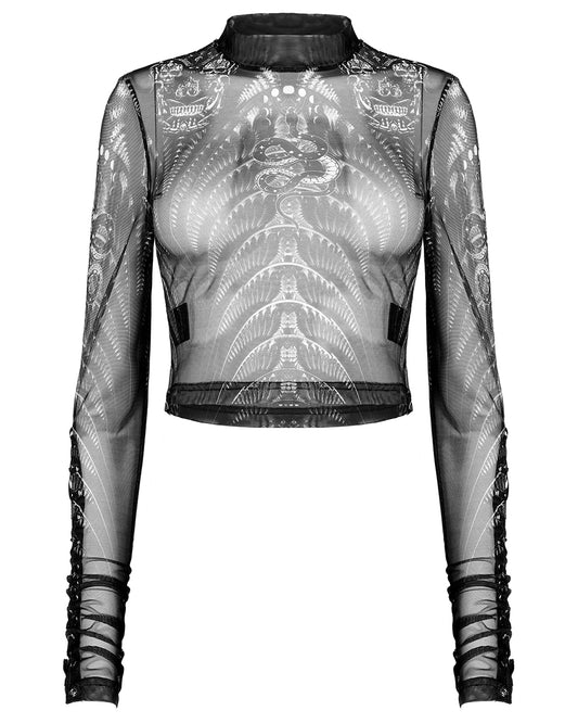WT-699 Womens Serpentine Printed Mesh Cyberpunk Top - Black & White