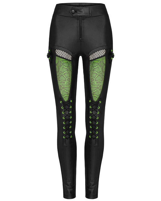 WK-448 Womens CyberPunk Cutout Leggings - Black & Green