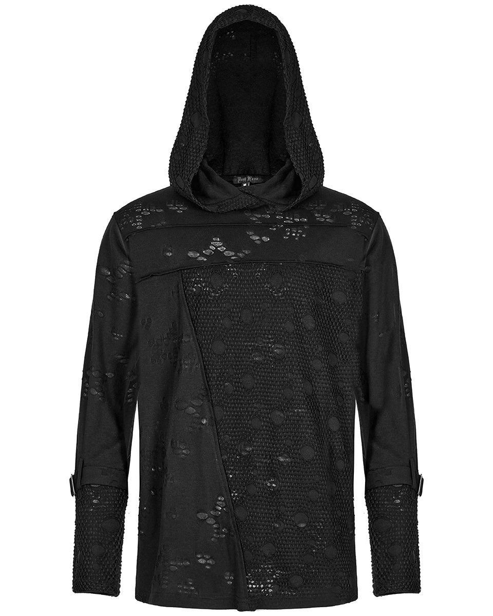 WT-738 Mens Apocalyptic Gothic Spliced Broken Knit Hooded Top