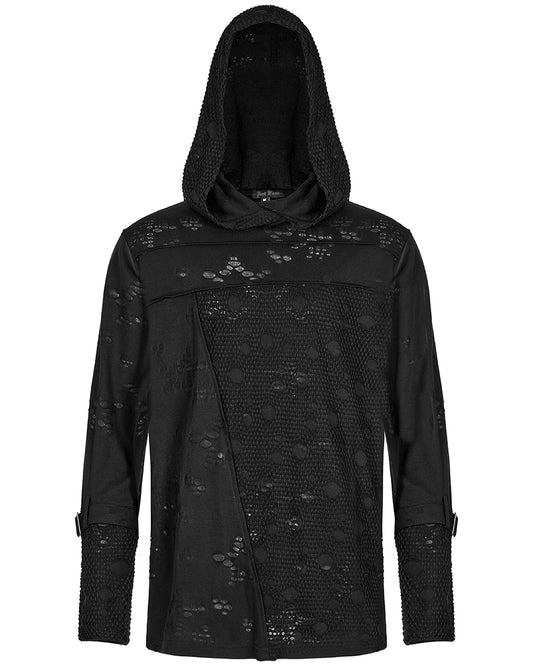 WT-738 Mens Apocalyptic Gothic Spliced Broken Knit Hooded Top