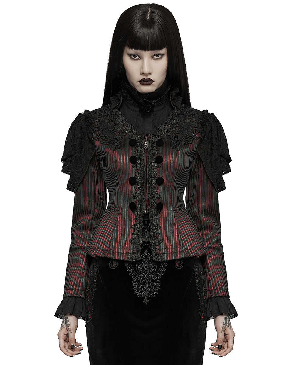 WY-1385 Womens Gothic Lolita Lace Applique Jacket - Red & Black