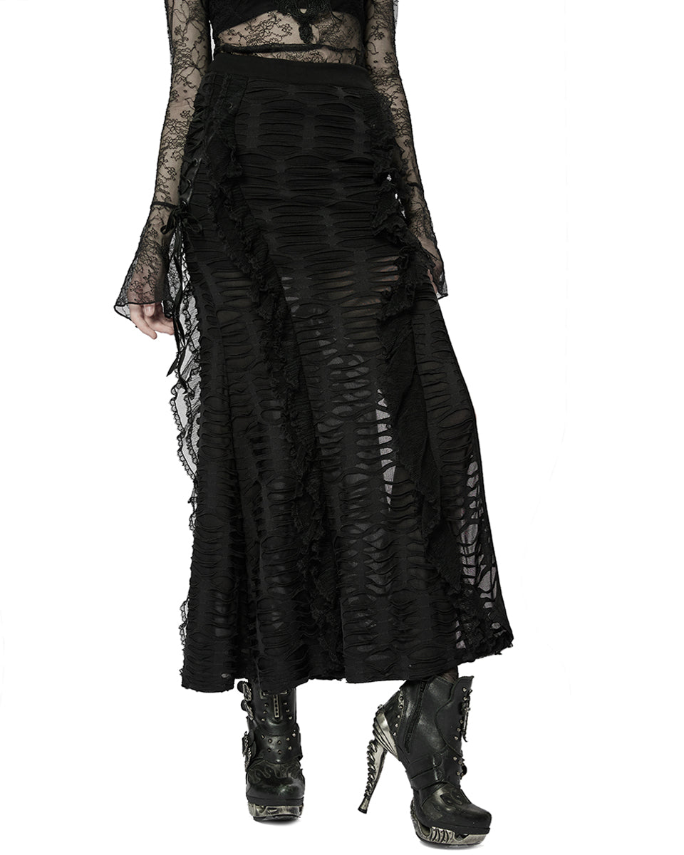 WQ-609 Womens Apocalyptic Gothic Witch Shredded Split Hem Maxi Skirt