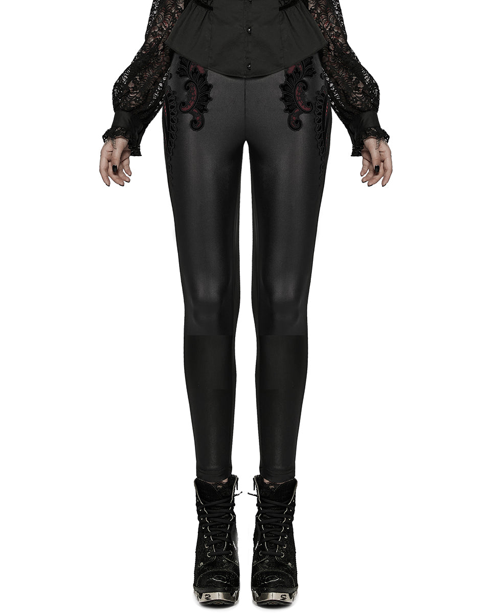 WK-516 Womens Gothic Lace Applique Leggings - Black & Red