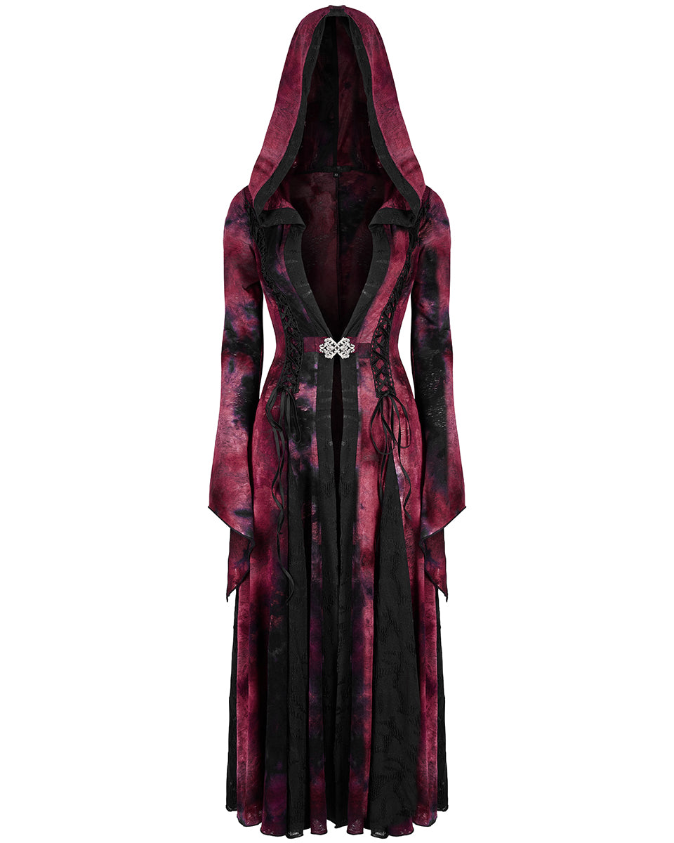 WY-1392 Womens Gothic Tie Dye Hooded Cloak Jacket - Black & Red