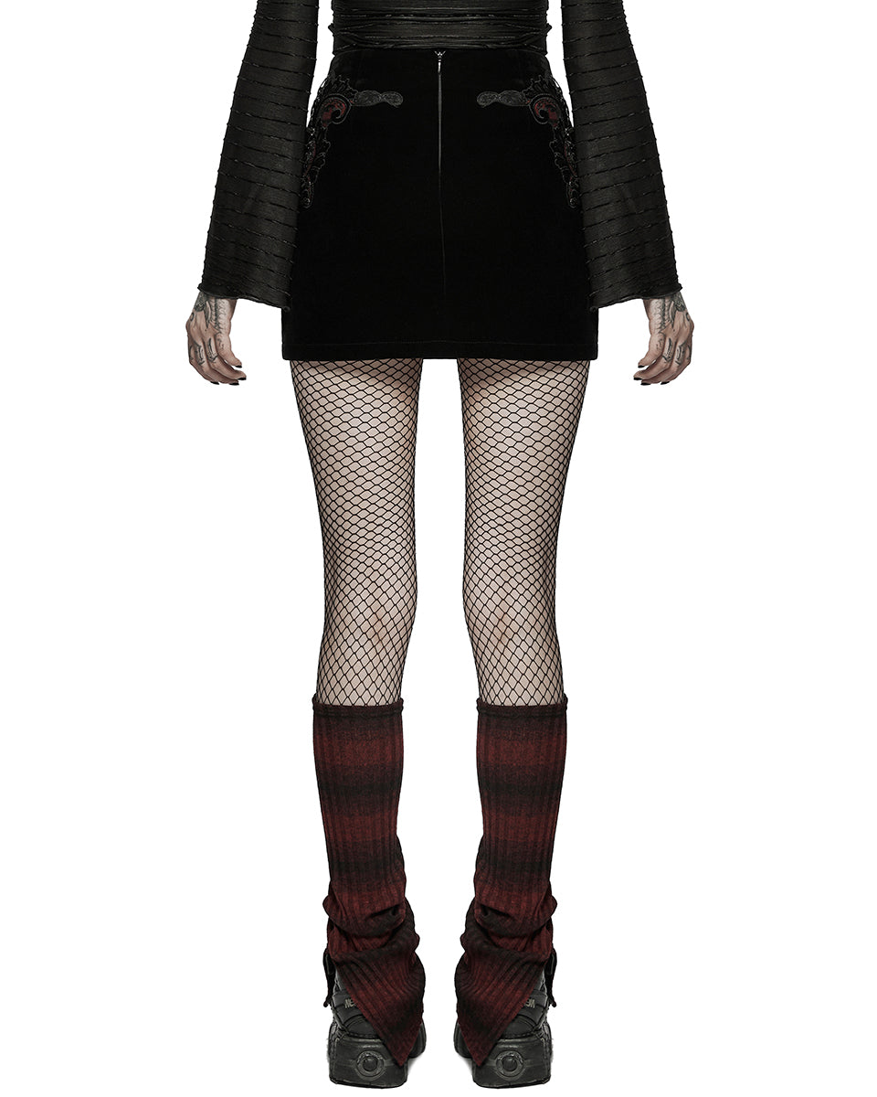WQ-566 Womens Gothic Lace Applique Velvet Mini Skirt - Black & Red