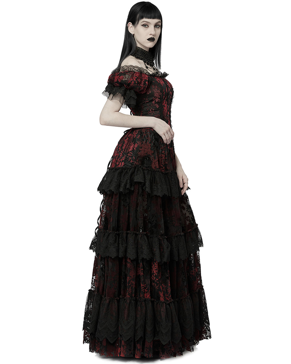 WQ-613 Dark Decadence Flocked Lace Gothic Wedding Dress - Black & Red Punk Rave WQ-613 Dark Decadence Flocked Lace Gothic Wedding Dress - Black & Red Punk Rave